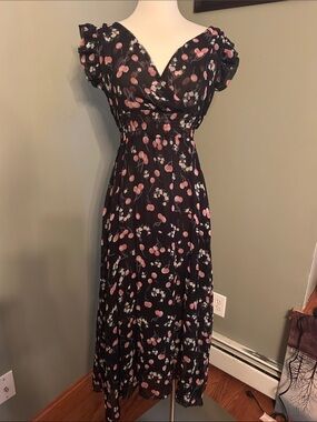 Black Cherry-Print Midi Dress with Smocked Waist - Women's
